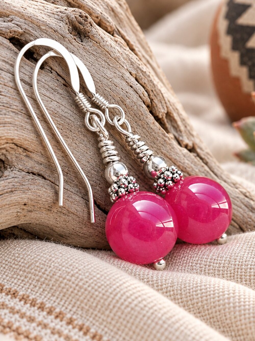 Hot Pink Agate Earrings 925 Sterling Silver Dangle Simple Classic Minimal